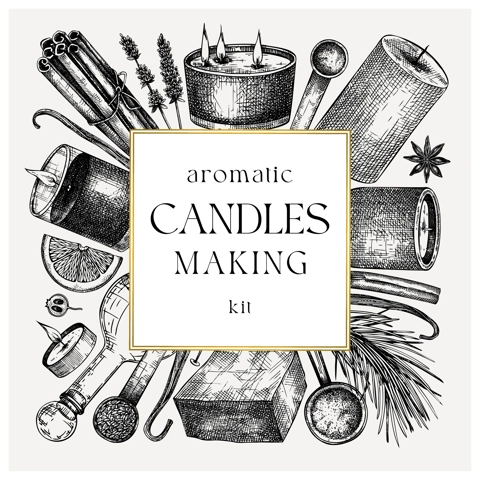 Hand sketched candle-making card design. Vintage candles, herbs, wax, fruits, spices, skewers hand drawings square wreath. Perfect template for aromatherapy, hobby, handcrafts, candle making, package
